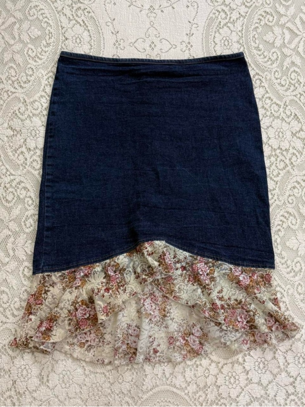 y2k dainty coquette fairy denim skirt w ruffled floral lace trim